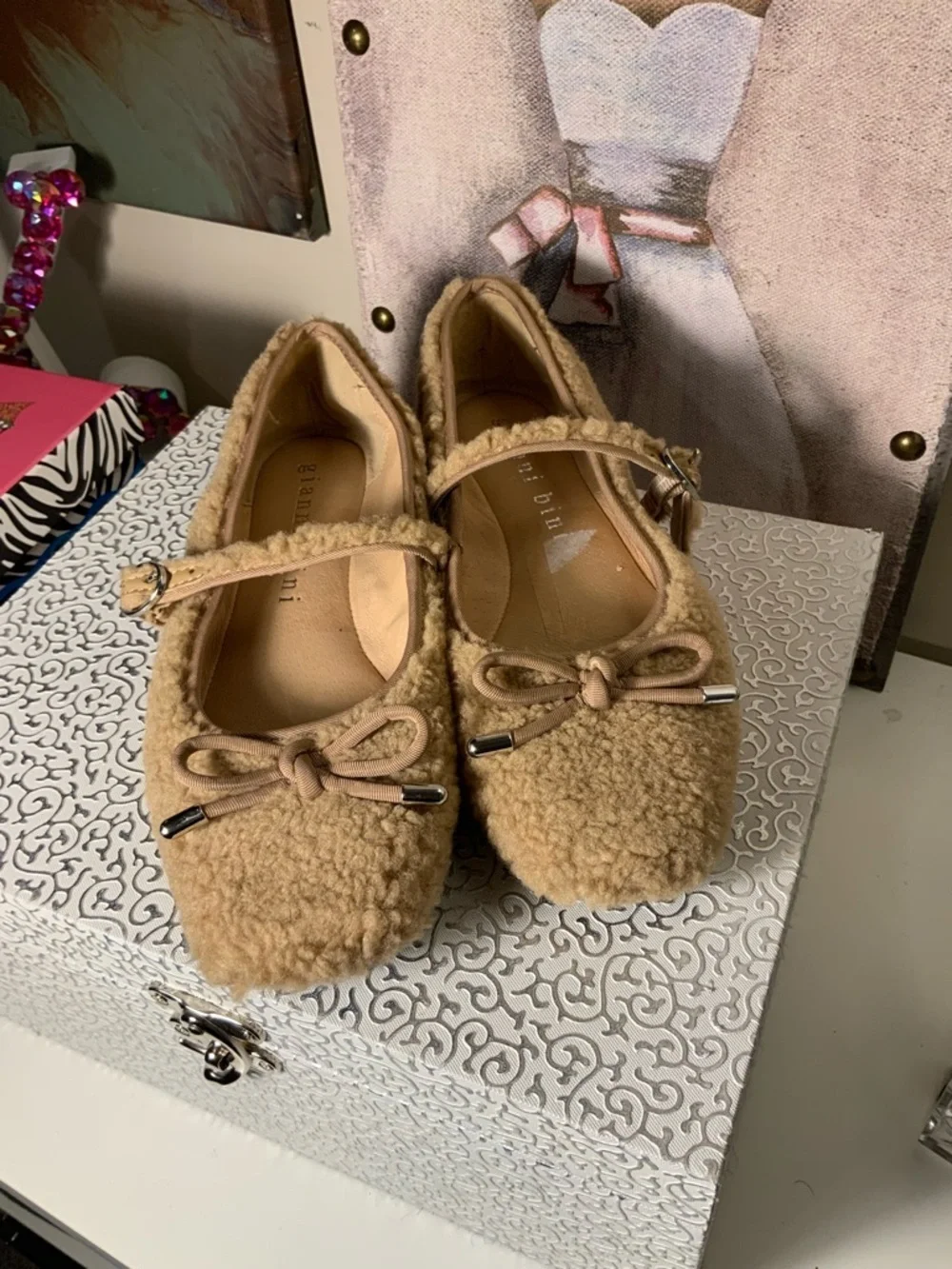 Gianni Bini Josie Tan Faux Shearling Mary Jane Flats New
